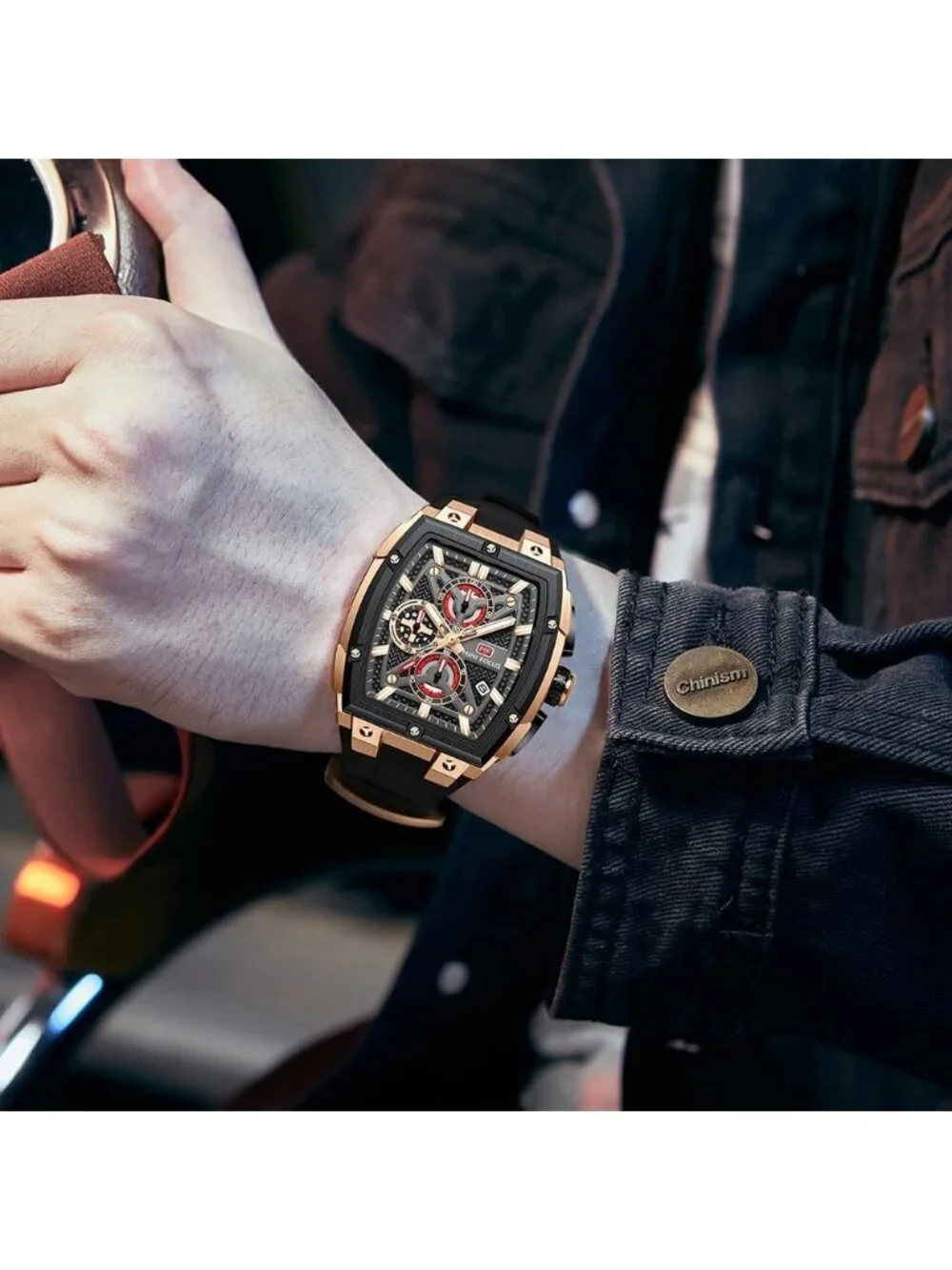 Men's Black Golden Analog Wrist Skeleton Tonneau Chronograph Enthusiasts Watch
